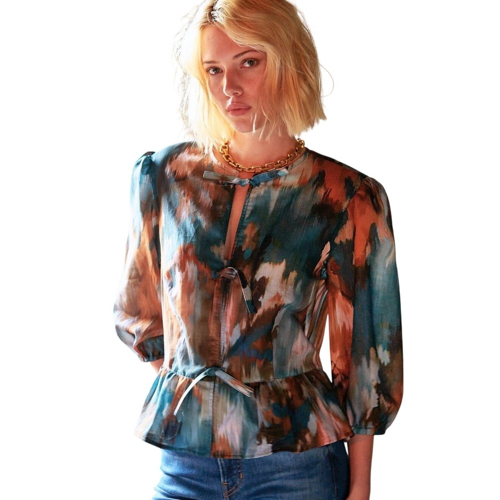 Finley Luna Peplum Cotton Voile Blouse‎ Watercolor Abstract Size XS EUC
